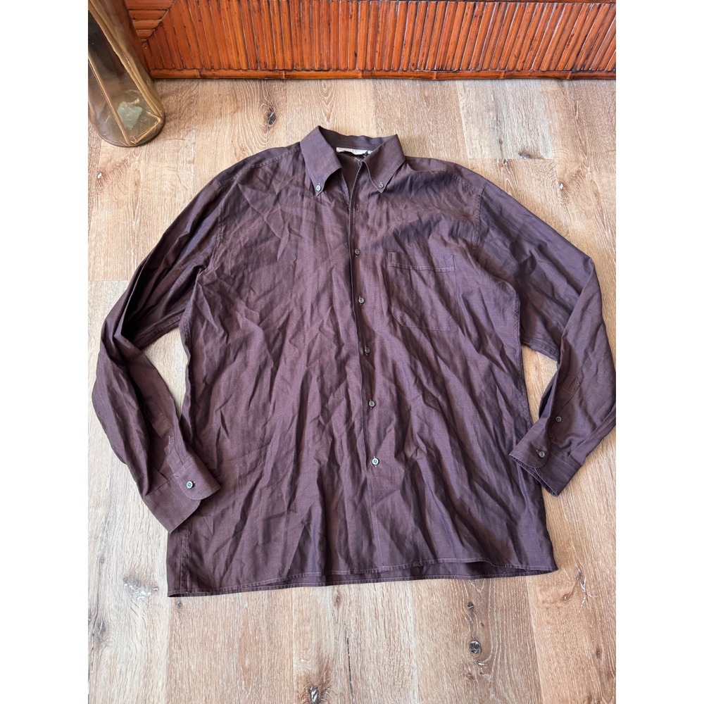 Luciano Barbera Mens Brown Herringbone Button Down Shirt Size XL